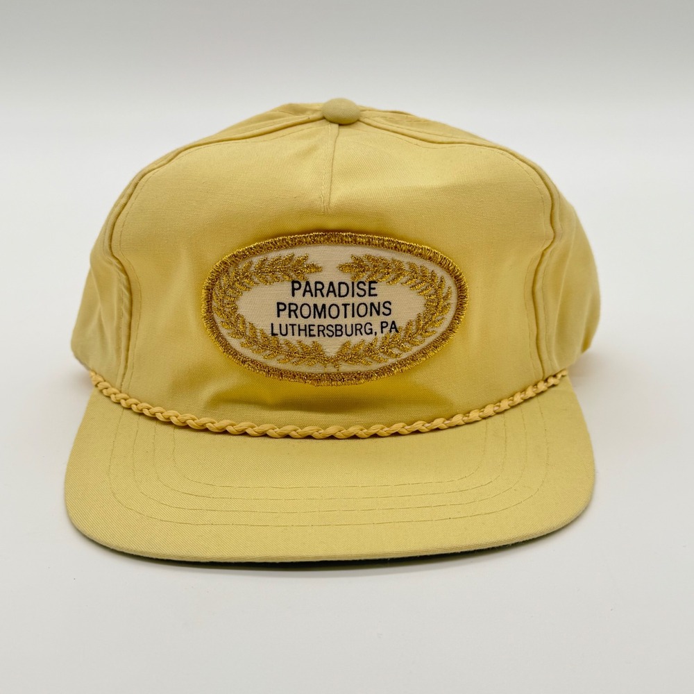 Vintage Derby Cap Paradise Promotions Luthersburg PA Yellow Trucker Hat USA Made